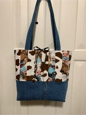 Hand Crafted Denim and Highland Cow Print Tote